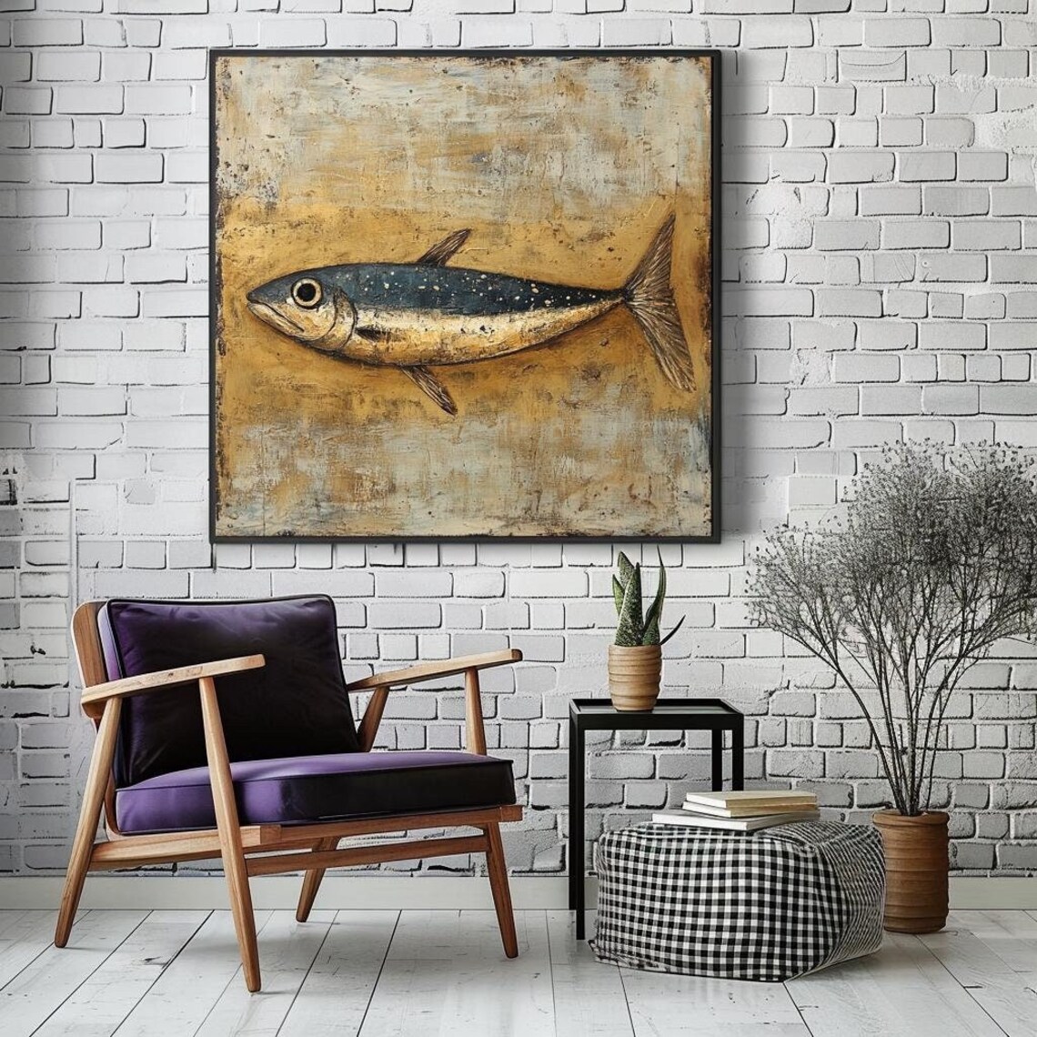 Primitive Sardine Fish Gold Ochre Rustic Coastal Nautical Art Poster