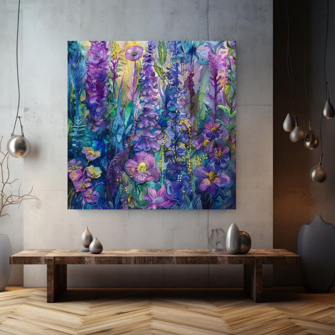 Purple Garden Watercolor Foxglove Flowers Jewel Tone Floral Art Print