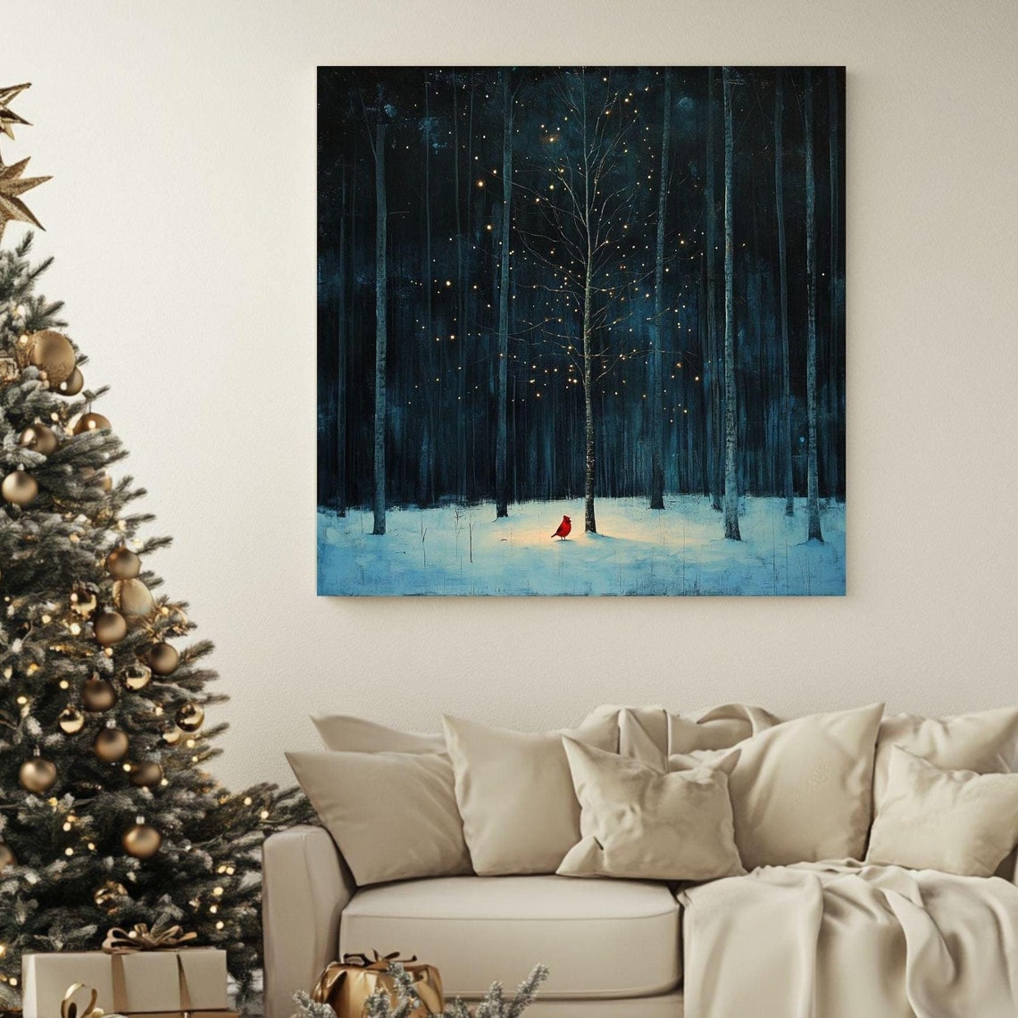 Red Cardinal In Snowy Night Forest Glowing Lights Winter Poster