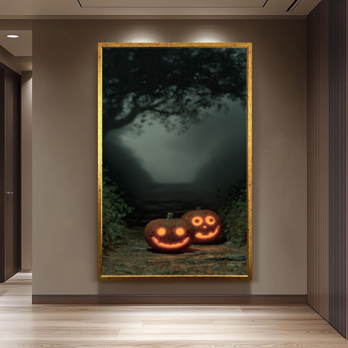 Two Smiling Jack O Lanterns Glowing on a Foggy Forest Trail Poster