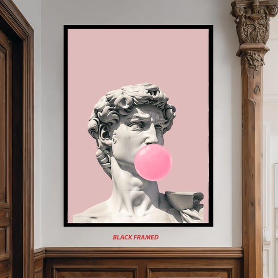 Funny Modern Canvas Art Of David Statue Blowing Bubblegum On Pink Background For Trendy Minimalist Decor And Pop Culture Wall