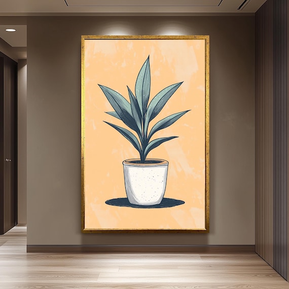 Hand Drawn Potted Plant on Peach Botanical Illustration Art Poster