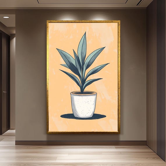 Potted Plant Wall Art Handdrawn Botanical Print On Peach