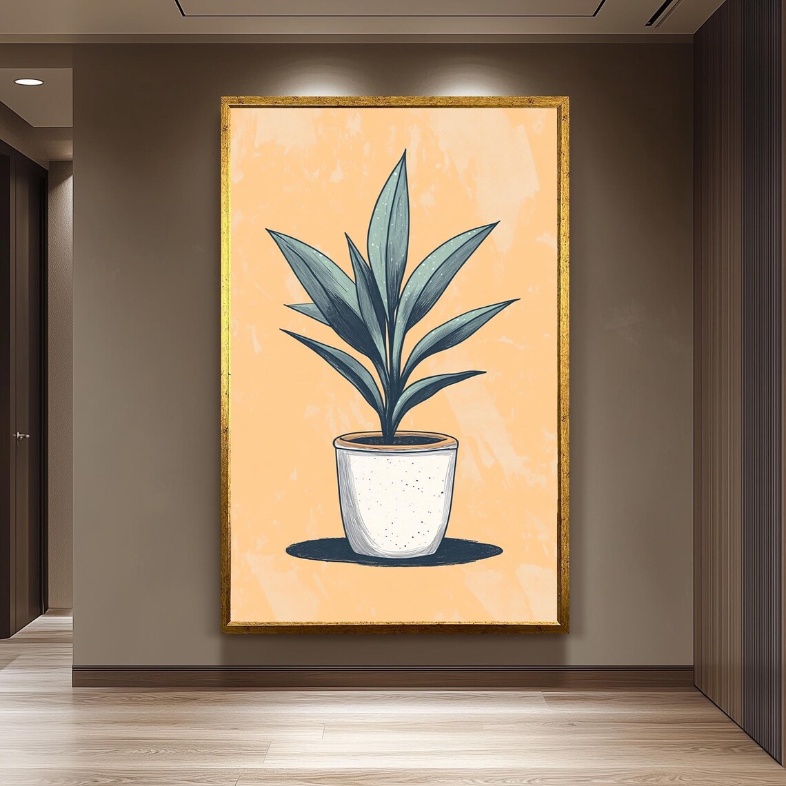Potted Plant Wall Art Handdrawn Botanical Print On Peach