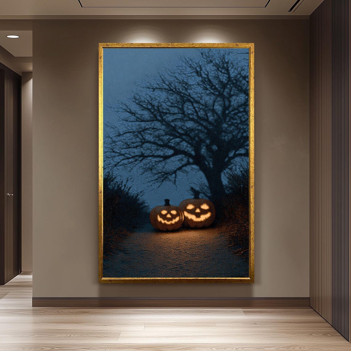 Two Glowing Jack O Lanterns Under a Bare Tree on a Misty Trail Poster