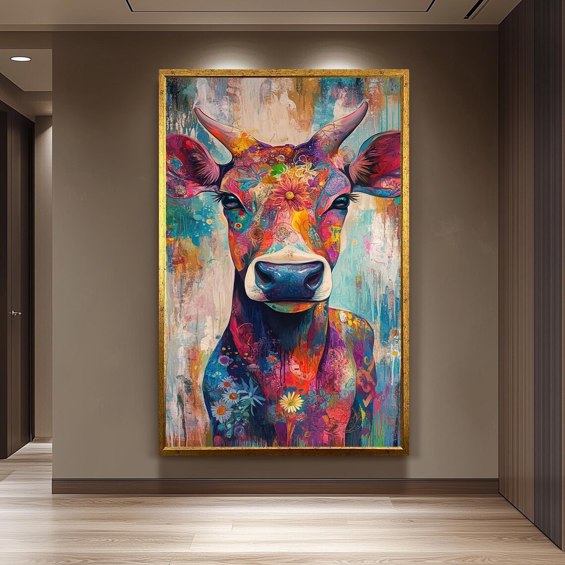 Colorful Floral Cow Portrait Vibrant Abstract Farmhouse Poster
