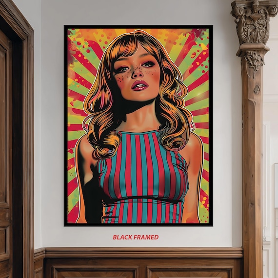 Psychedelic Pop Art Girl Freckles Striped Dress Retro Style Poster