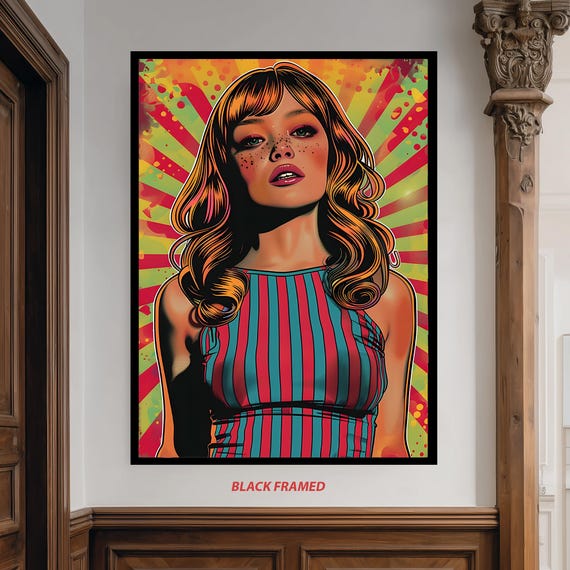 Psychedelic Retro Girl Pop Art Canvas Wall Bold Colorful Freckled Woman Portrait Print For Groovy 70s Vintage Room Decor Artwork