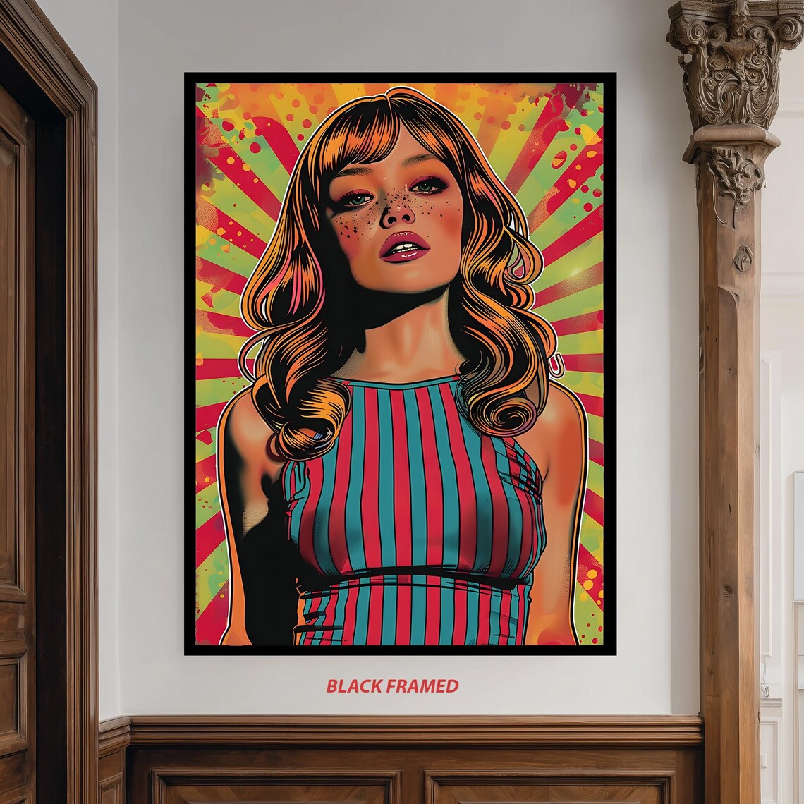 Psychedelic Pop Art Girl Freckles Striped Dress Retro Style Poster