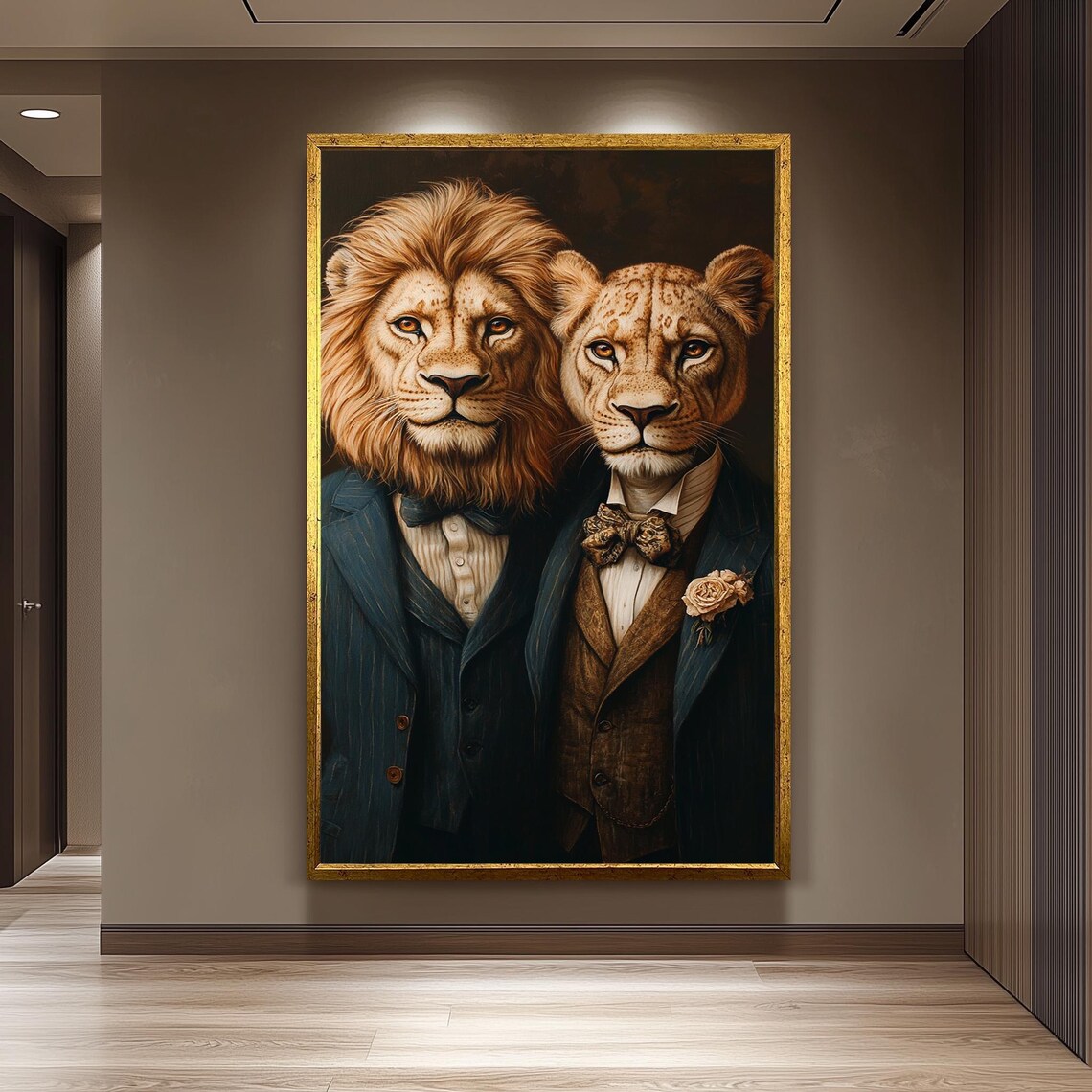 Elegant Lion Couple Suits Wedding Style Sophisticated Animal Poster