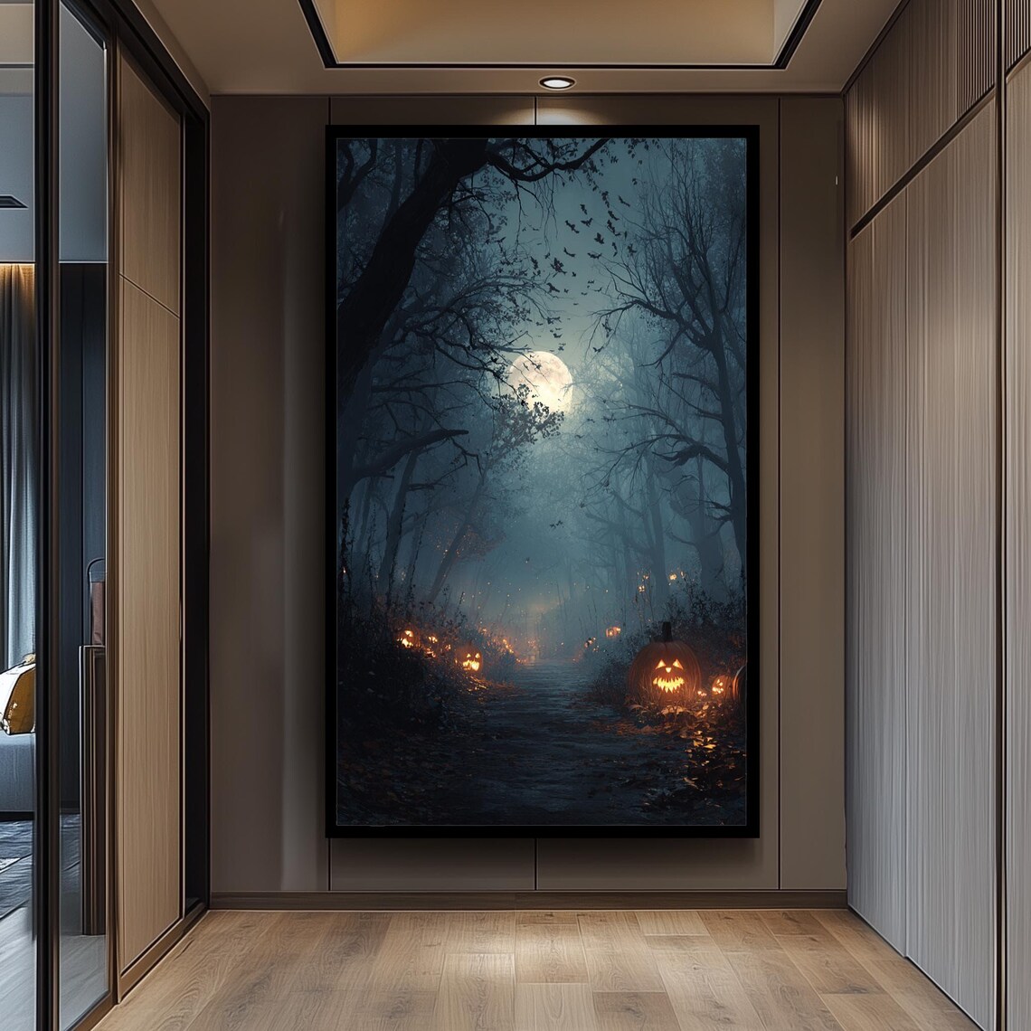 Haunted Forest Path With Glowing Jackolanterns, Halloween Art Print