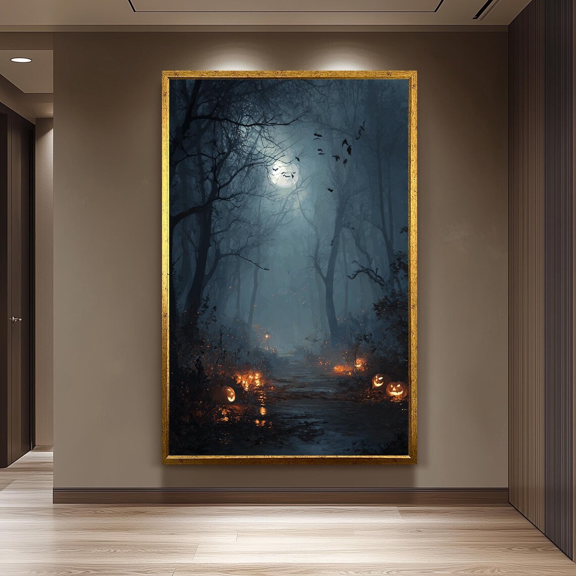 Dark Misty Forest Path With Glowing Jackolanterns And Full Moon Canvas Wall Art For Halloween Spooky Room Decor Living