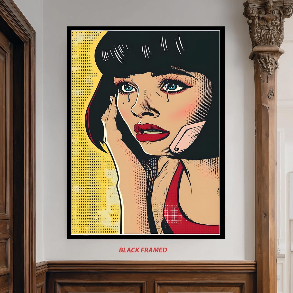 Crying Pop Art Girl Tears Comic Style Retro Yellow Portrait Poster