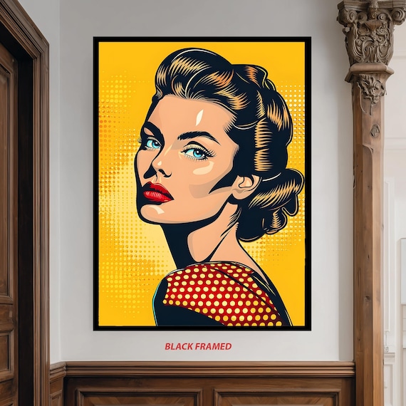 Classic Comic Pop Art Woman Red Lips Yellow Background Poster