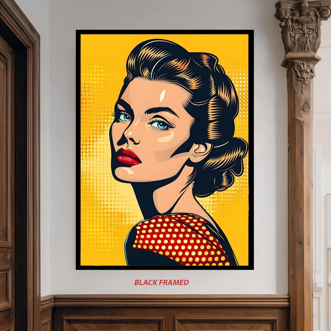 Classic Comic Pop Art Woman Red Lips Yellow Background Poster