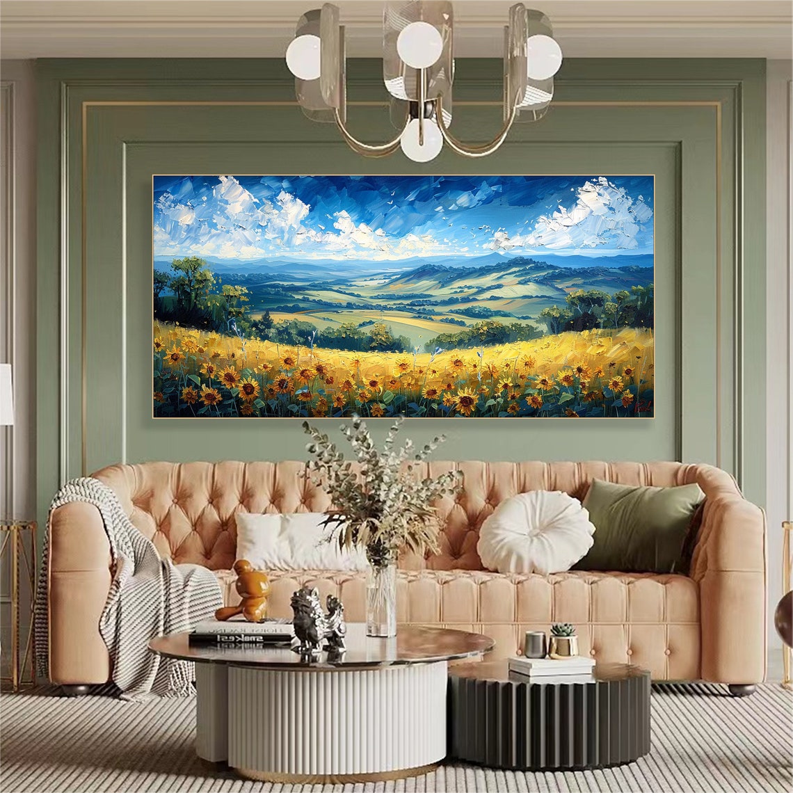 Golden Sunflower Field Rolling Green Hills Summer Sky Poster - Image 3