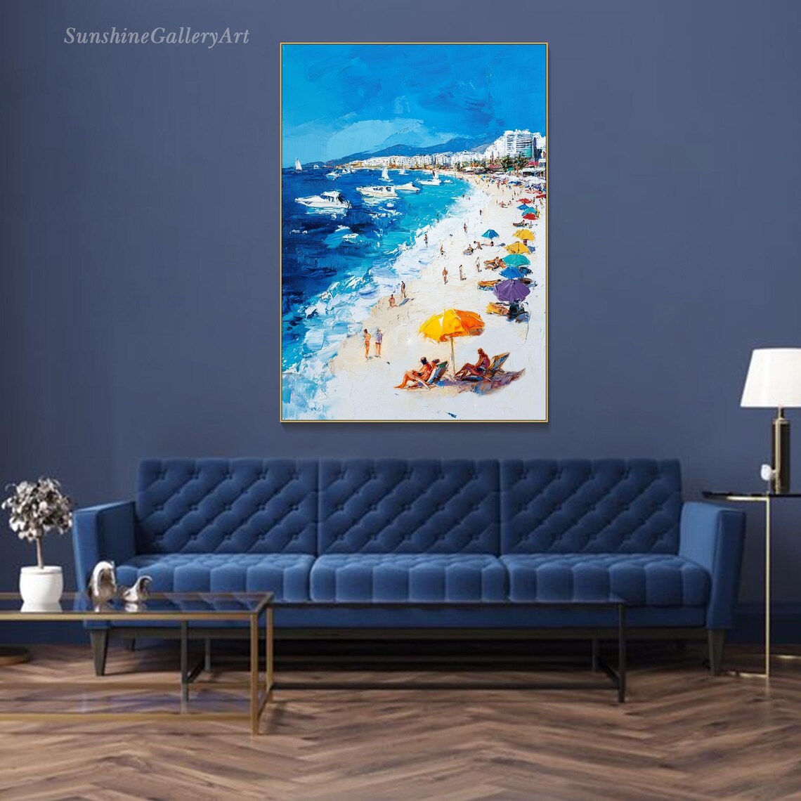 Sunny Beach Day Oil Painting Colorful Umbrellas Sailboats Blue Sea Coastal Art Poster - Image 2