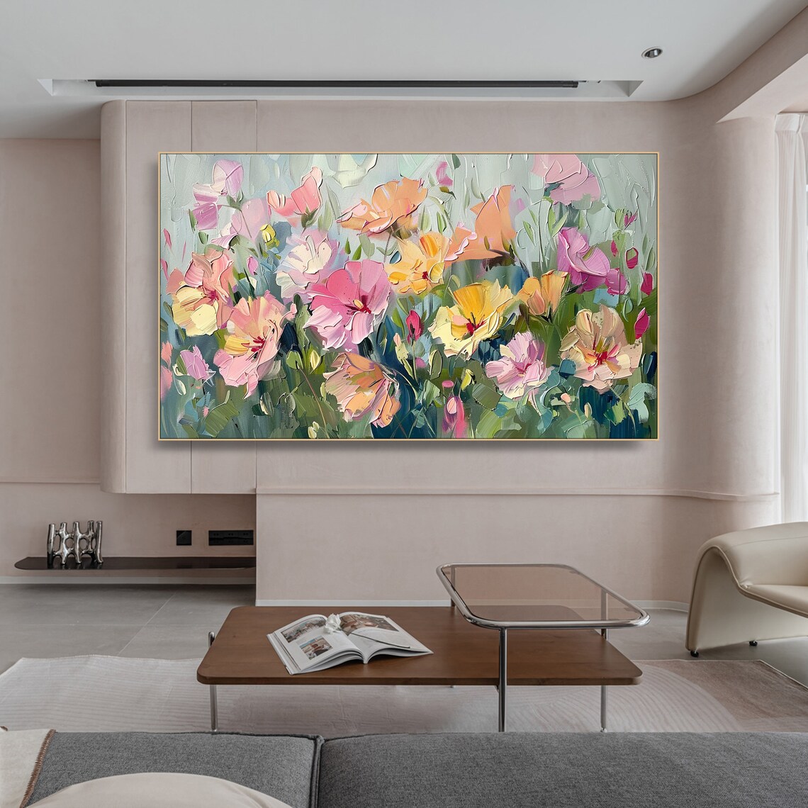 Pastel Poppy Flowers In Pink Orange And Yellow Oil Art Poster - Image 2