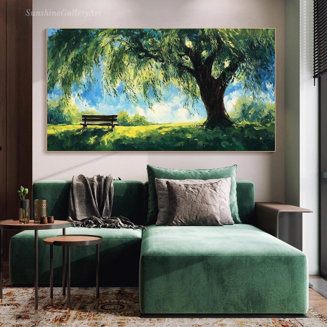Majestic Willow Tree Over Sunny Park Bench Green Meadow Poster - Image 2