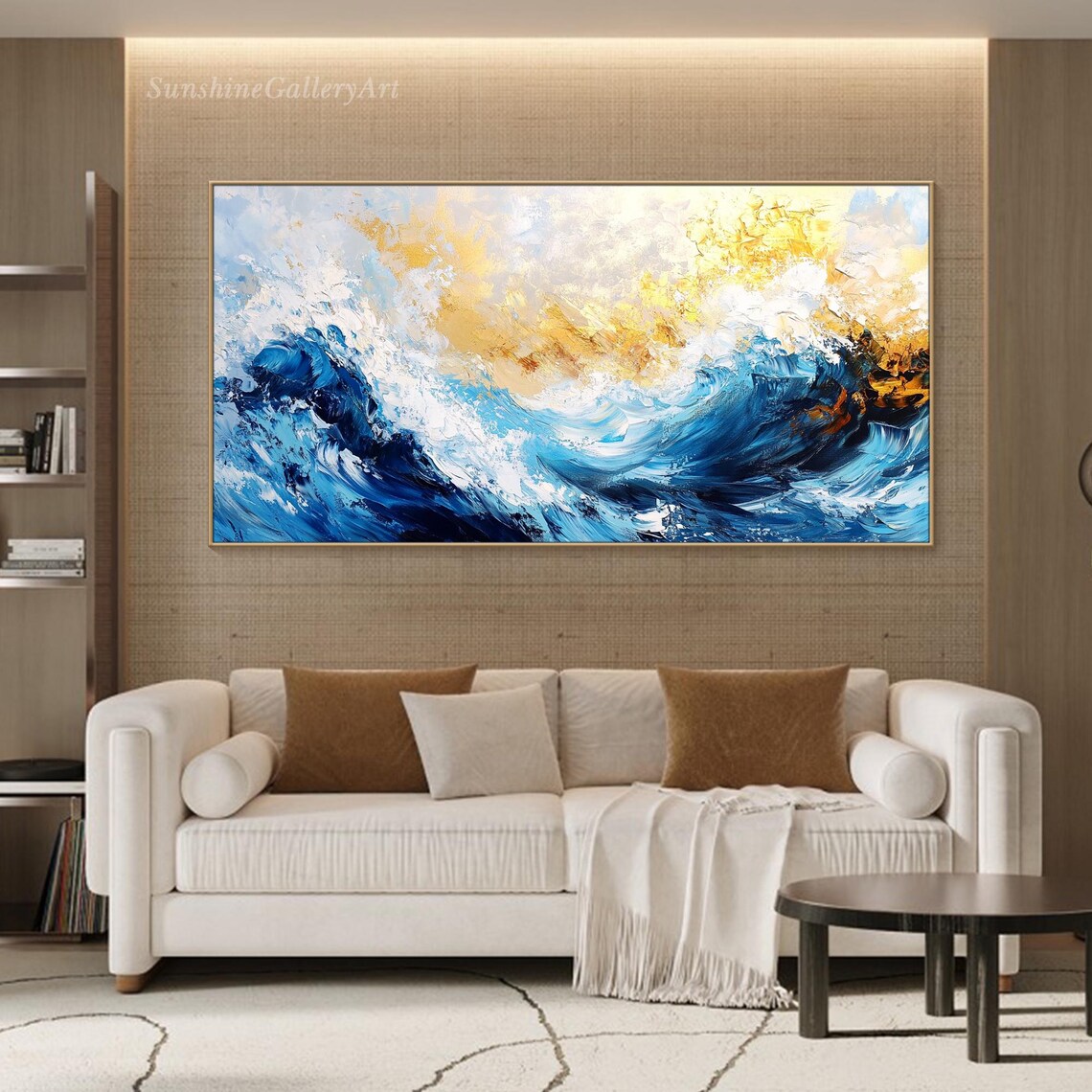 Dramatic Ocean Waves Oil Painting Deep Blue Sea Golden Clouds Panoramic Wall Poster - Image 2