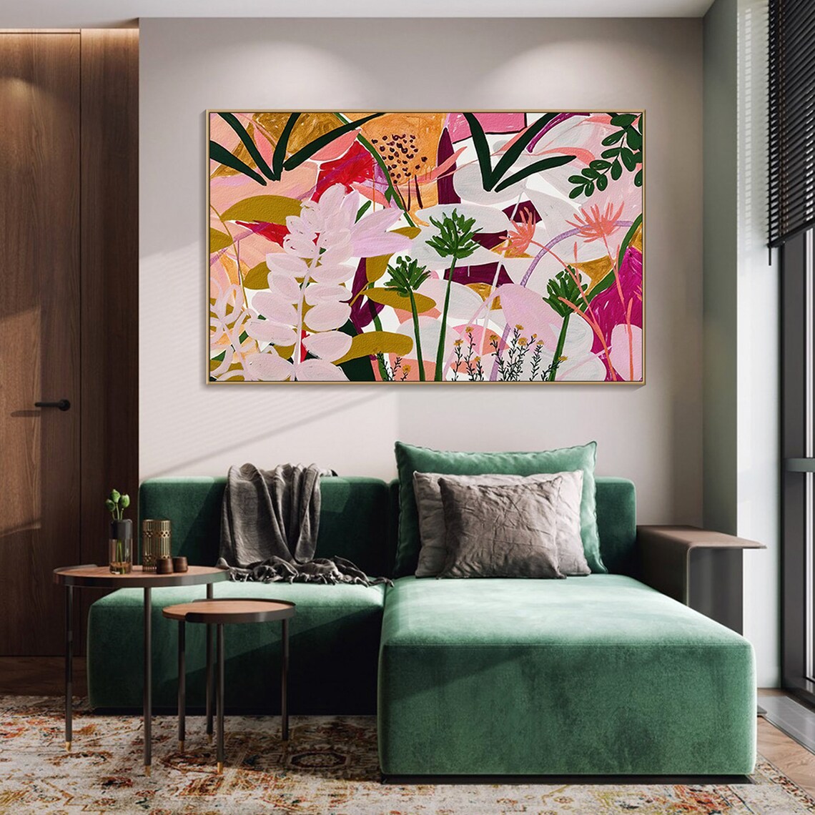 Original Colorful Flower Painting On Plant Painting Boho Modern Art Custom Wall Art Tropical Painting Living Room Wall Art Morden Art - Image 2