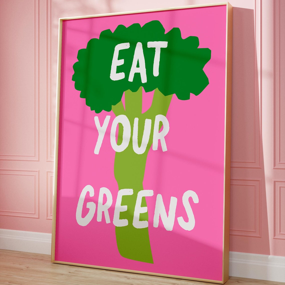 Eat Your Greens Broccoli Illustration Pink Kitchen Quote Poster - Image 2