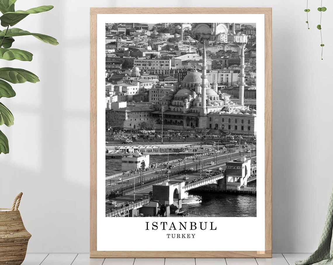 Istanbul Galata Bridge Golden Horn Mosque Black White Poster