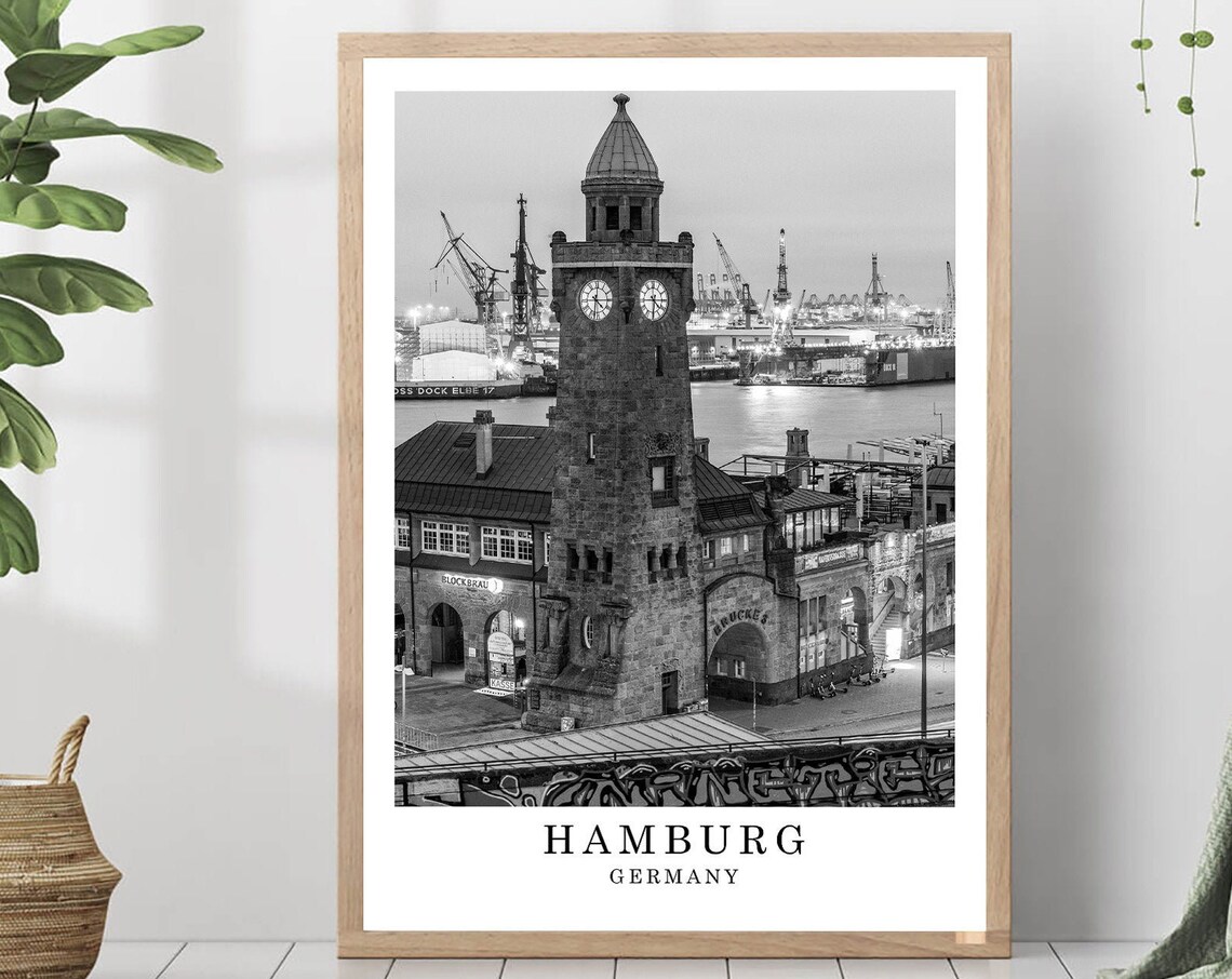 Hamburg Germany Landungsbrucken Clock Tower Harbor Black White Poster
