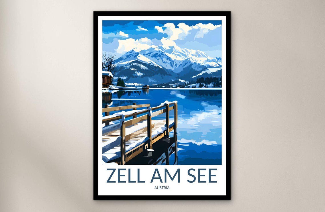 Zell Am See Austria Snowy Lake Wooden Dock Alpine Winter Travel Poster