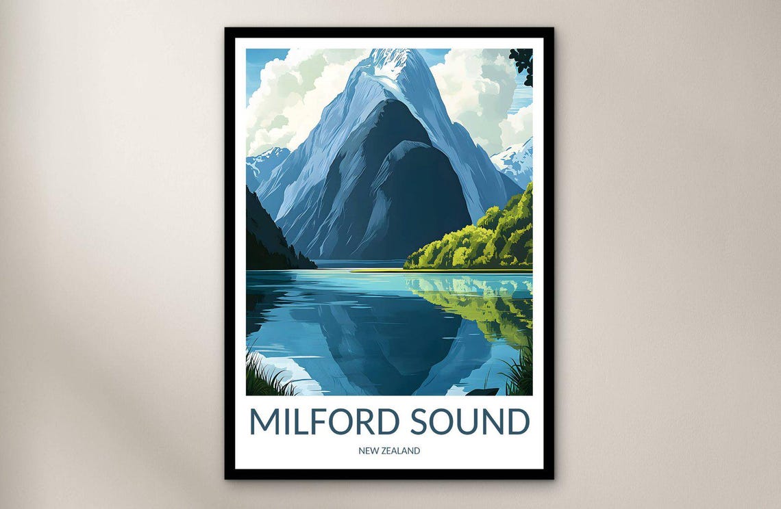 Milford Sound New Zealand Calm Mirror Water Mountain Peak Poster