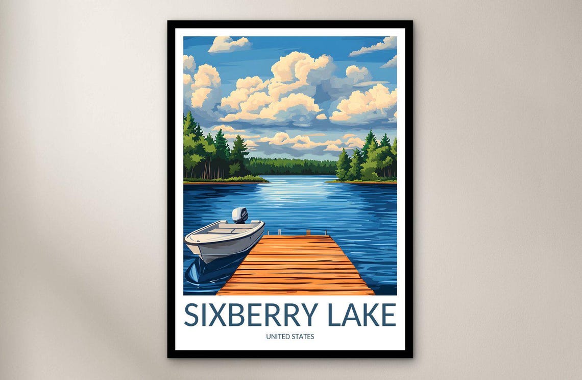 Sixberry Lake Wooden Dock Motorboat Calm Blue Water Travel Poster