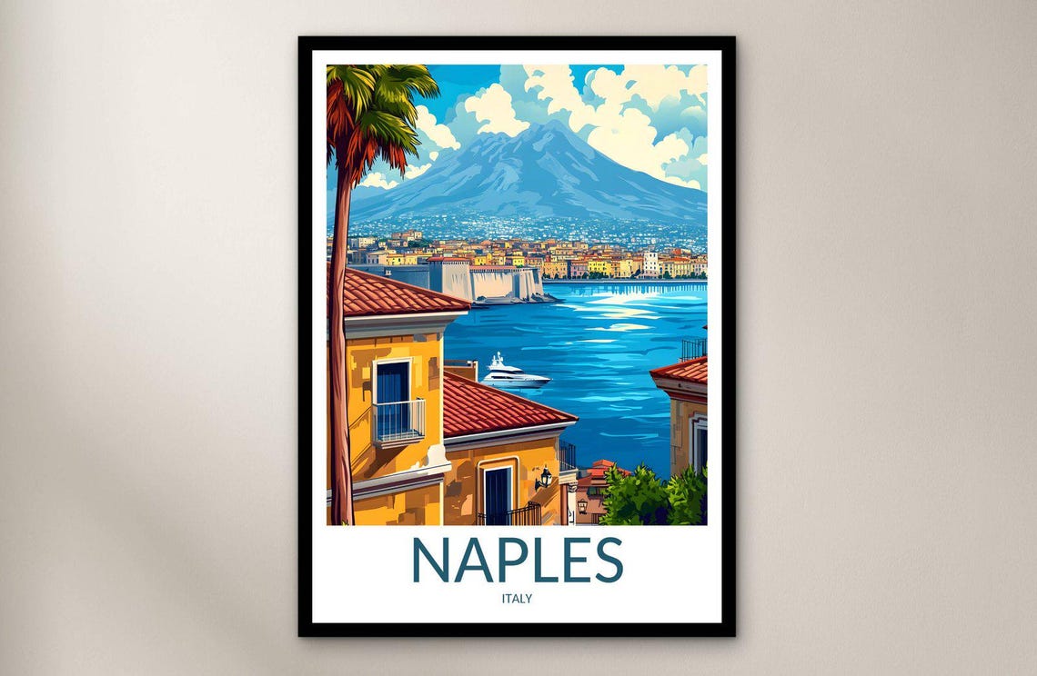 Naples Italy Bay View Travel Poster With Mount Vesuvius Volcano Art