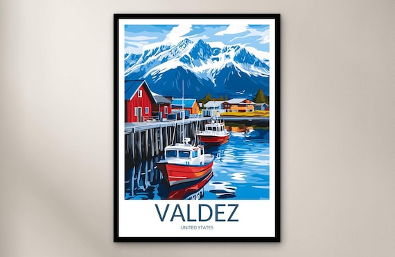 Valdez Alaska Harbor Red Fishing Boat Mountain Travel Poster