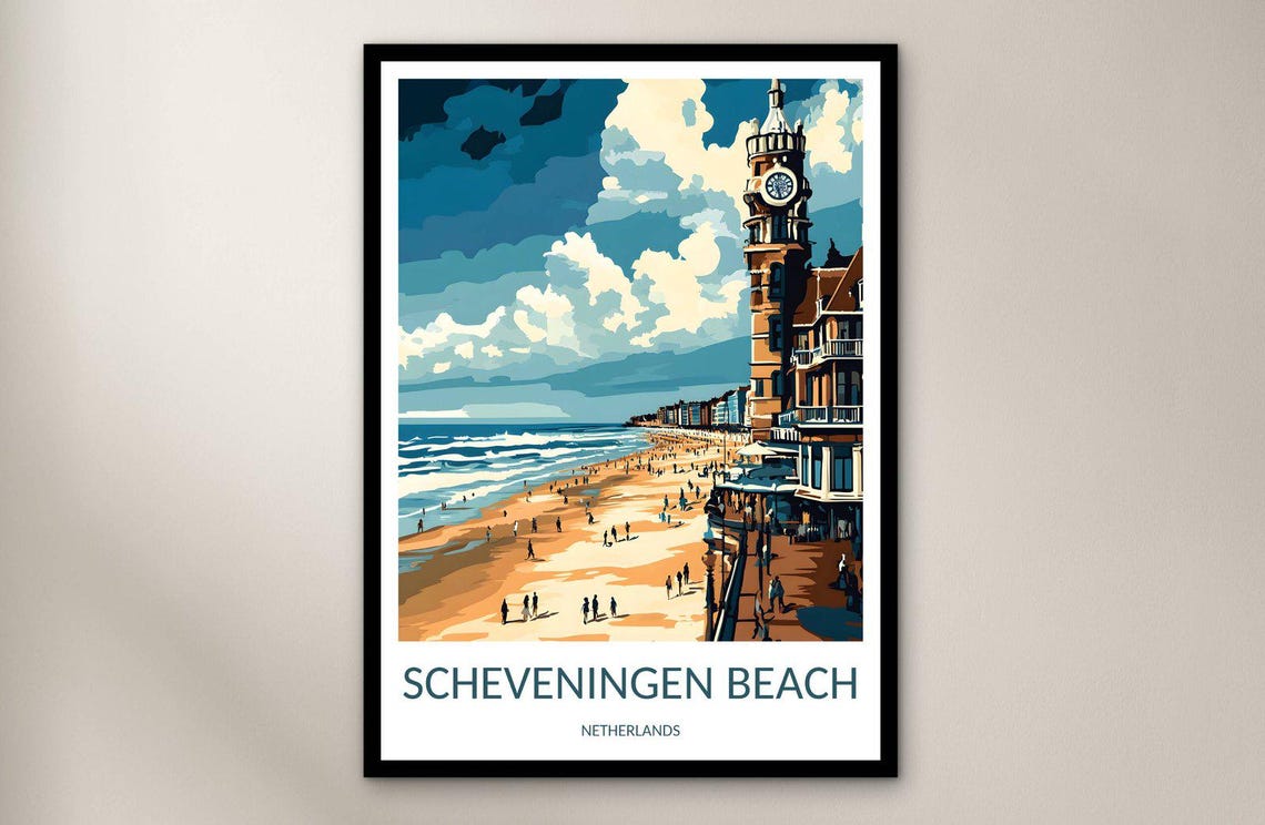 Scheveningen Beach Netherlands Boardwalk Summer Crowd Travel Poster