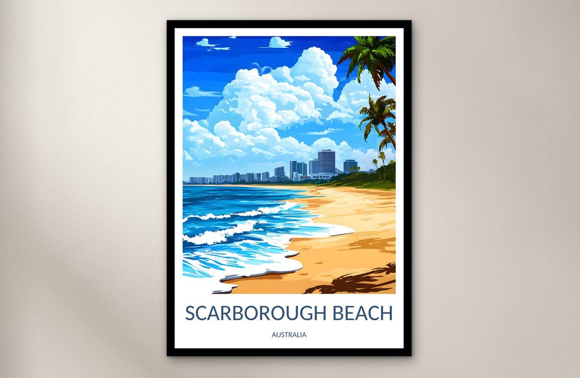 Vintage Scarborough Beach Australia City Skyline Surf Travel Poster