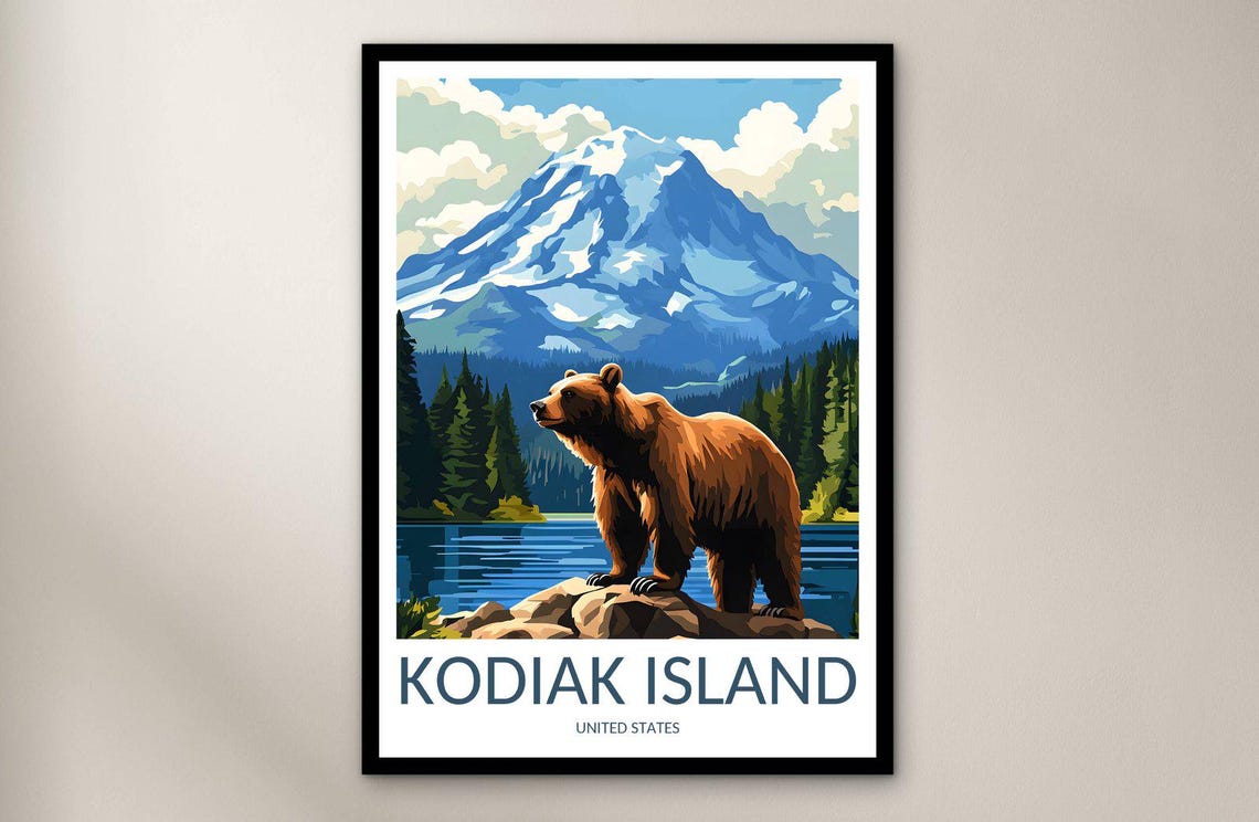 Kodiak Island Alaska Snow Capped Peak Brown Bear Lake Poster