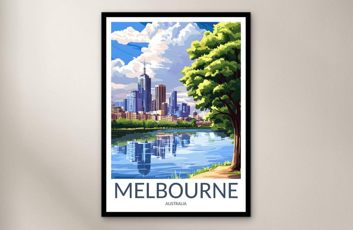 Melbourne Australia City Skyline Calm River Retro Travel Poster
