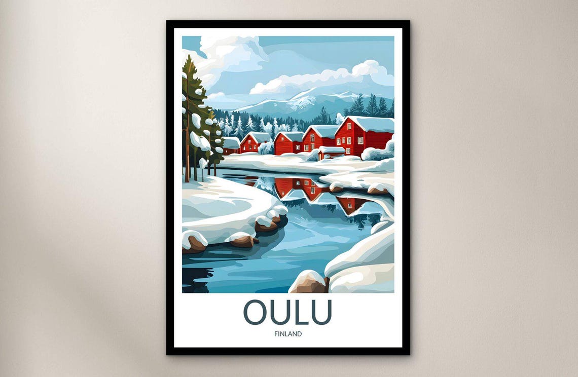 Oulu Finland Snow Covered Red Village Winter Lakeside Travel Poster