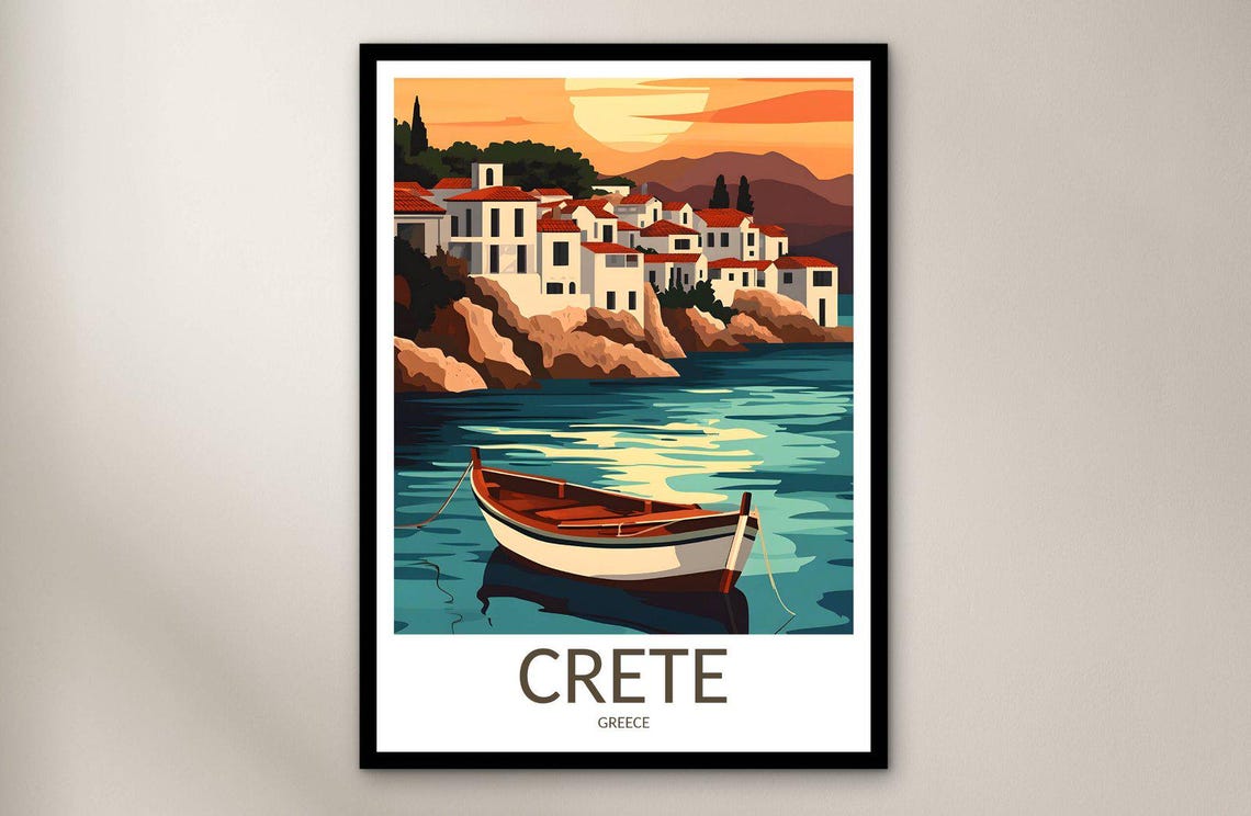 Crete Fishing Boat Sunset Coastal Village Vintage Travel Poster