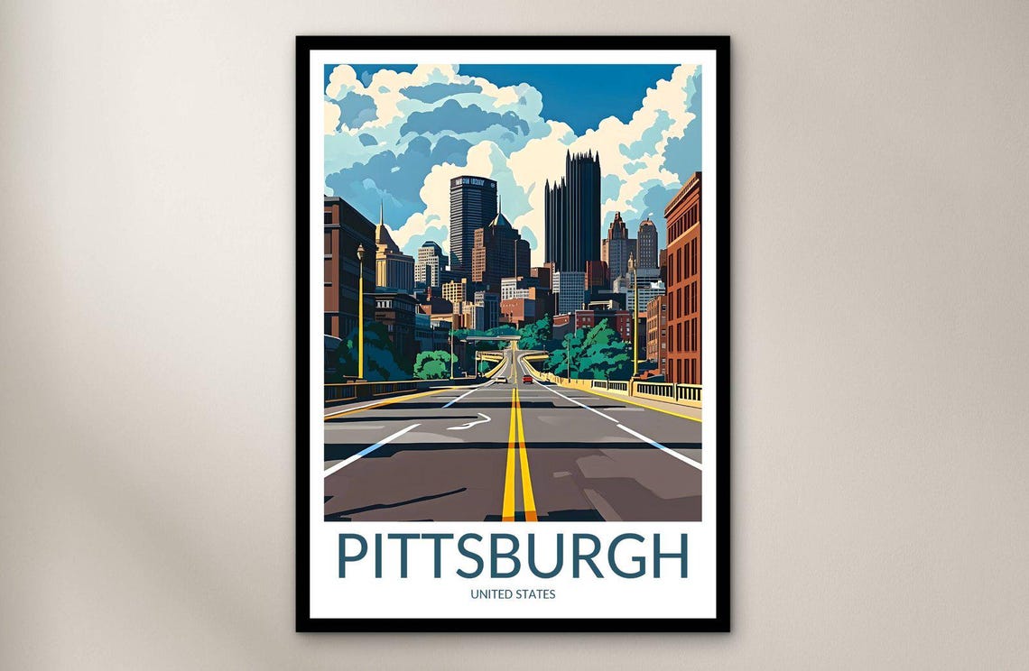 Pittsburgh Pennsylvania City Skyline Street View Vintage Travel Poster