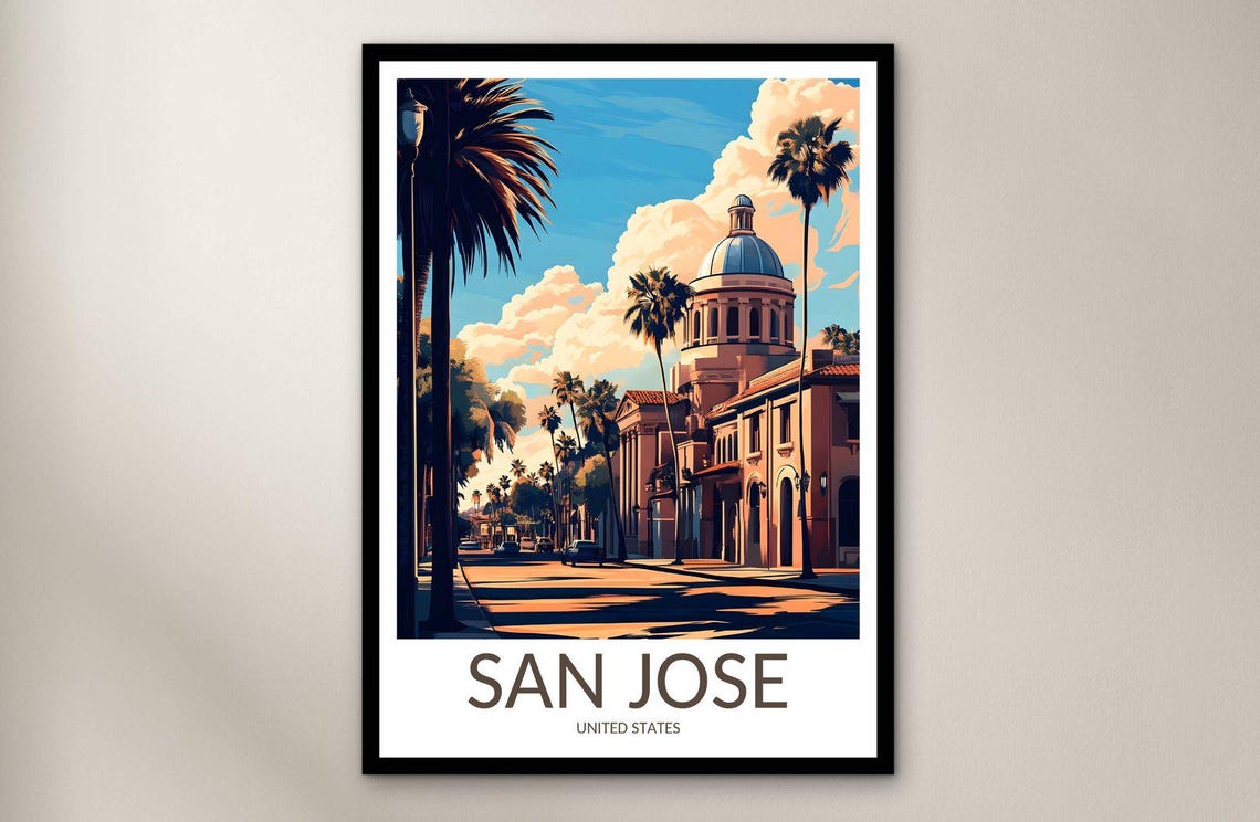 San Jose Palm Lined Street Dome Building Sunset Travel Poster Art