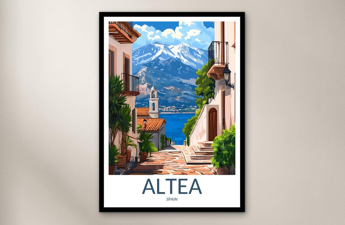 Altea Old Town Street Church Tower Sea Mountain Travel Poster