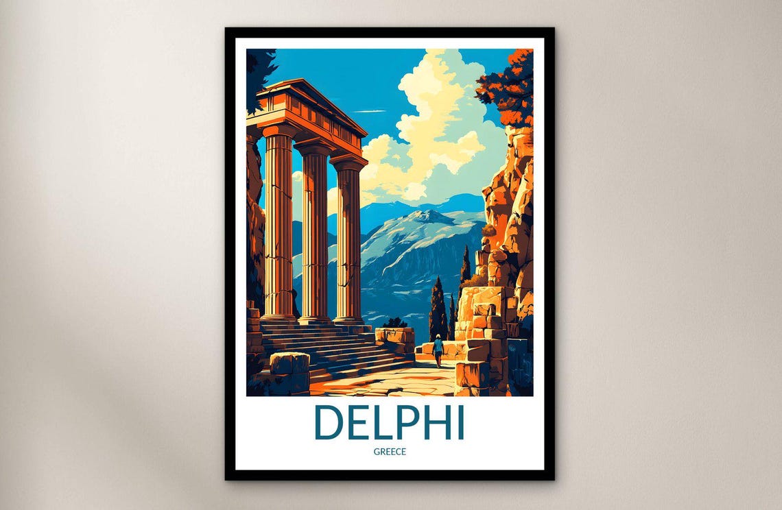 Delphi Ancient Columns Mountain Ruins Greece Vintage Travel Poster