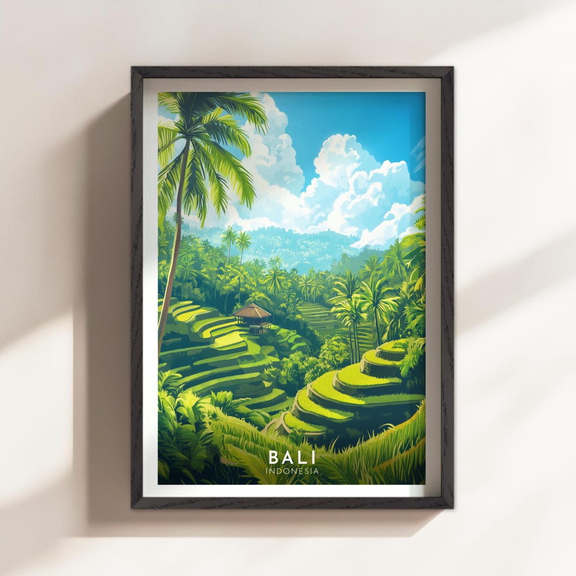 Bali Indonesia Lush Green Rice Terraces Palm Hut View Poster