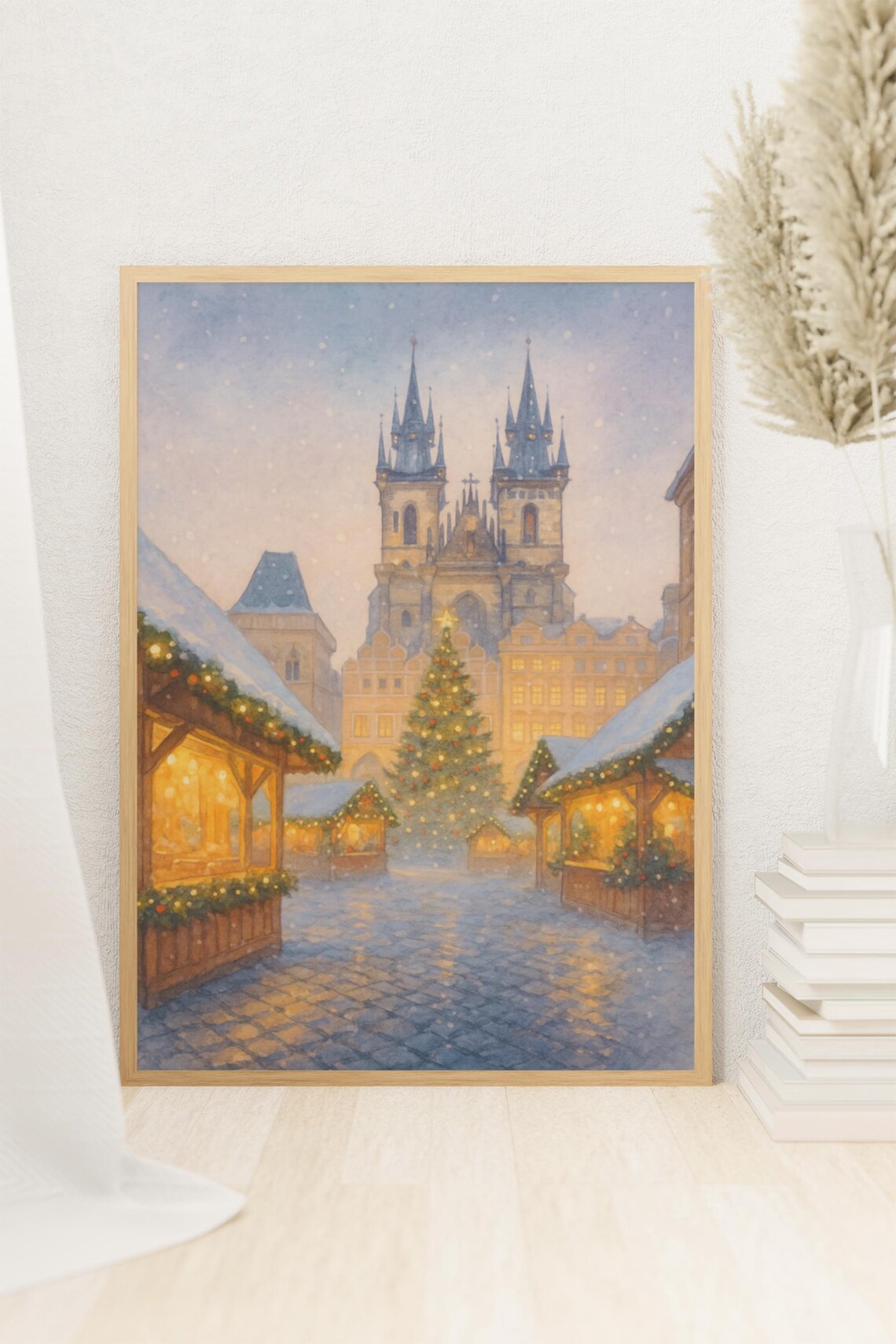 Prague Christmas Market Old Town Square Snowy Holiday Watercolor Poster