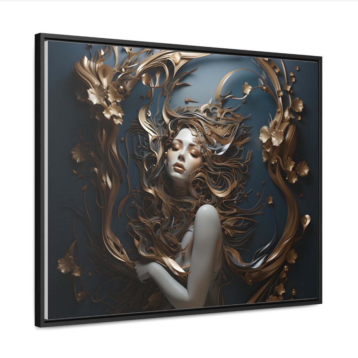Golden Swirl Fantasy Woman Portrait Metallic 3D Floral Poster - Image 2