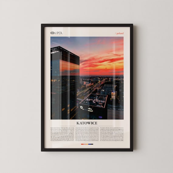 Katowice Poland City Towers Fiery Sunset Skyline Urban Photography Wall Poster