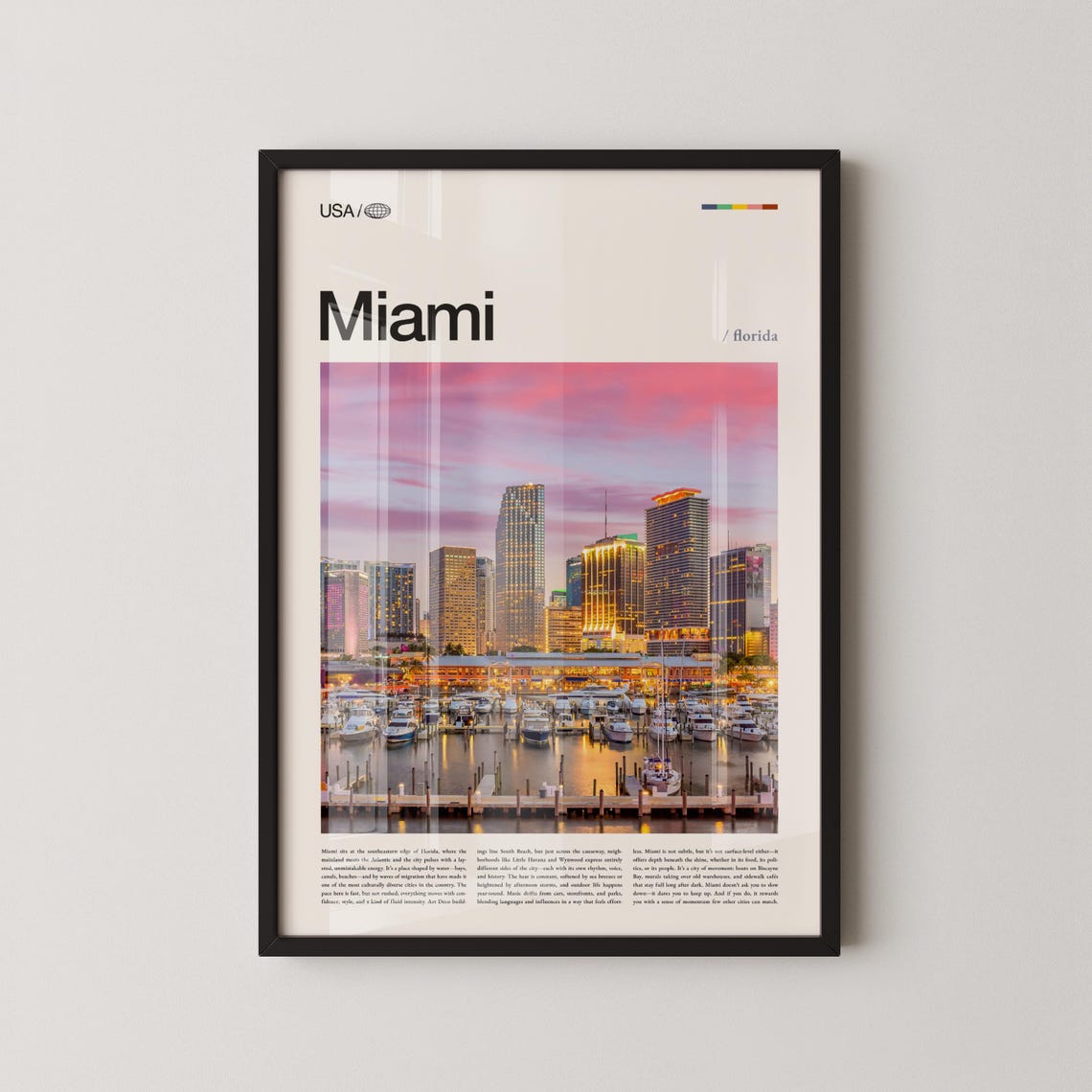 Miami Florida Sunset Downtown Skyline Marina Photo Travel Poster