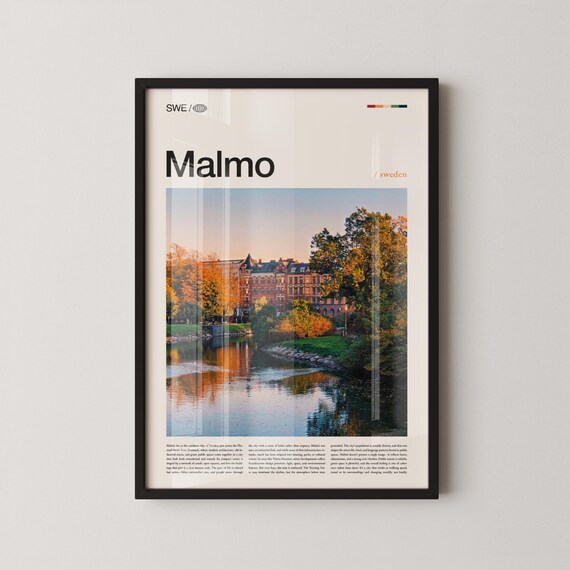 Malmo Sweden Sunset Canal Reflection Photography Travel Poster