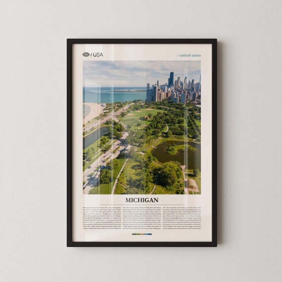 Michigan Urban Park Lakefront Aerial View Cityscape Travel Poster